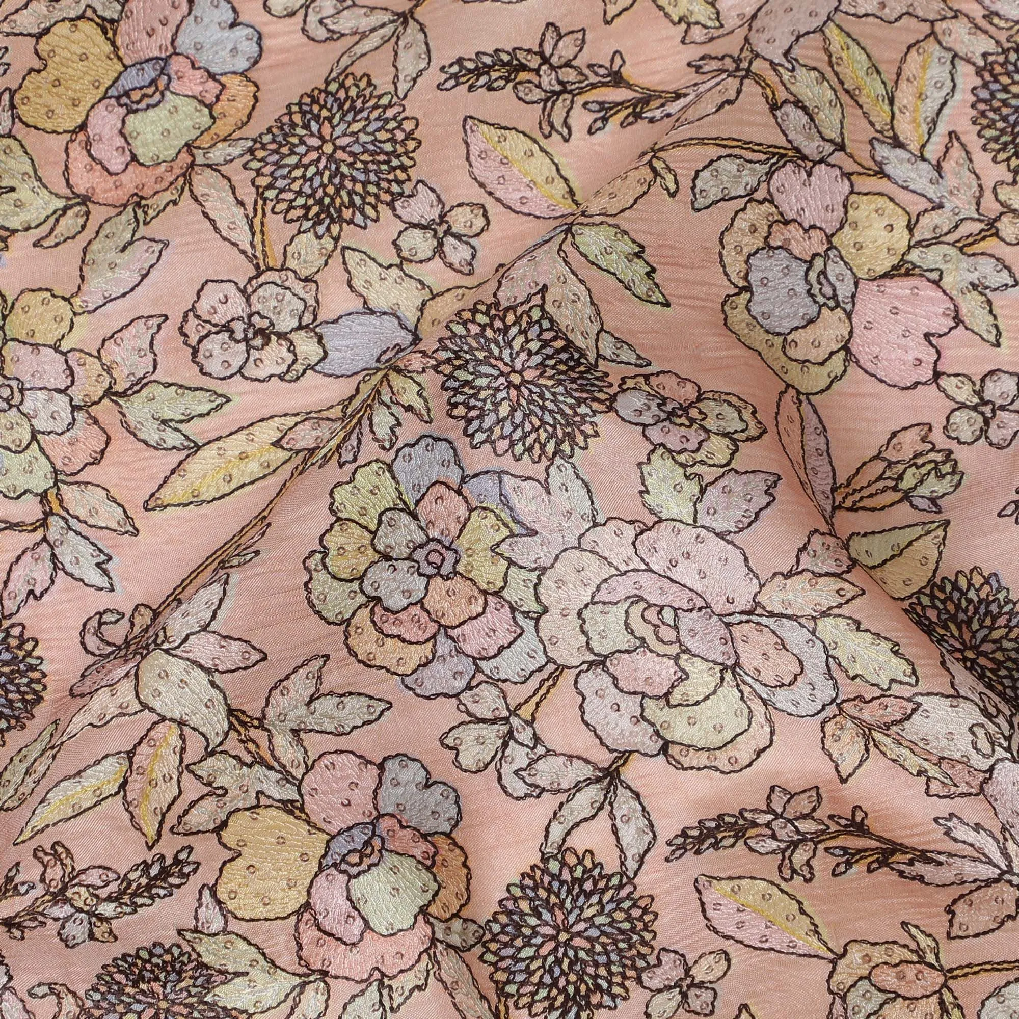 Peach Blush Tussar Silk Fabric with Intricate Floral Print, 110cm Width - Crafted in India-D17918