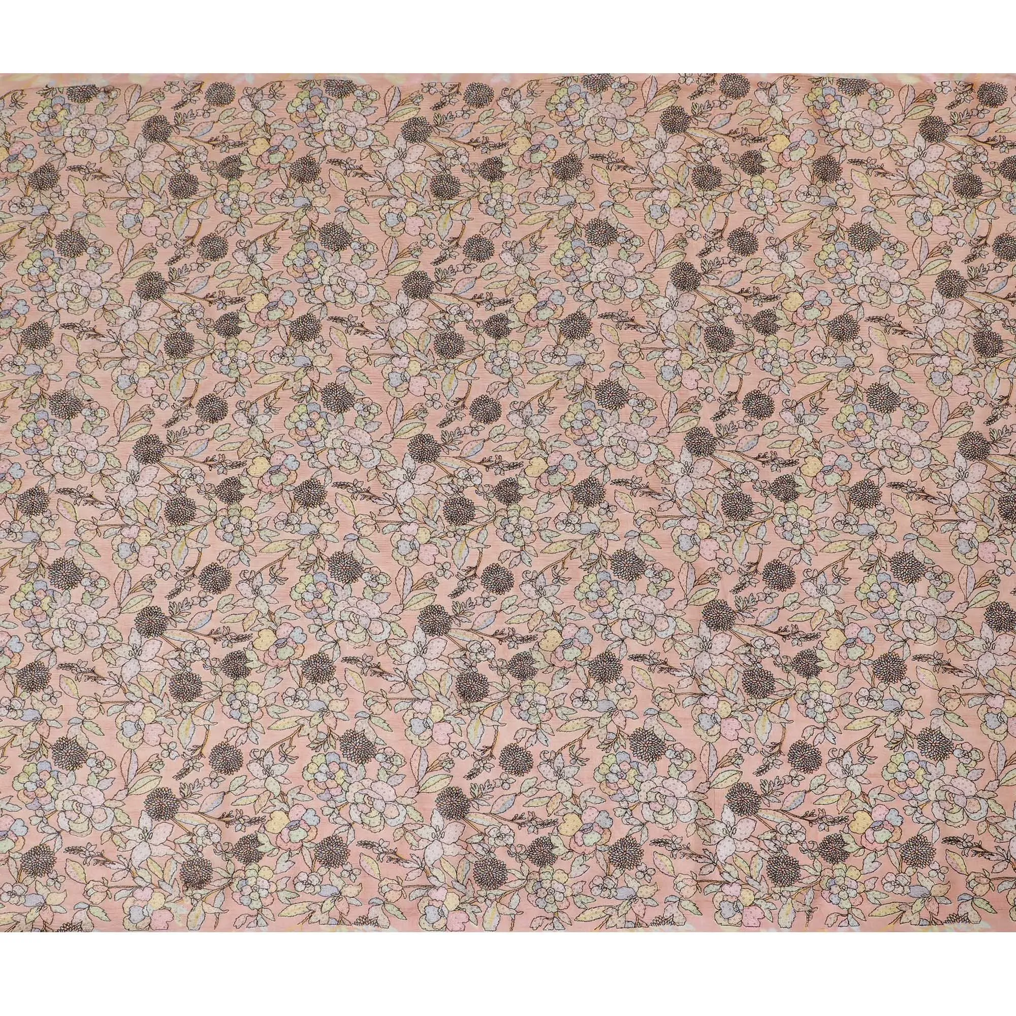 Peach Blush Tussar Silk Fabric with Intricate Floral Print, 110cm Width - Crafted in India-D17918